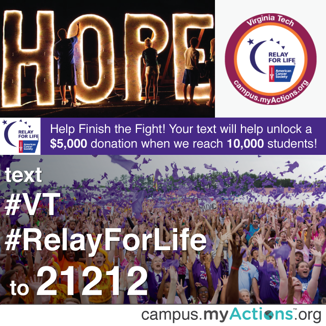 myActions's tweet photo. Finish the Fight @VTRelay - help earn an extra $5k donation for #RelayForLife w/ a simple text msg! http://t.co/MSs3h2g2Zz