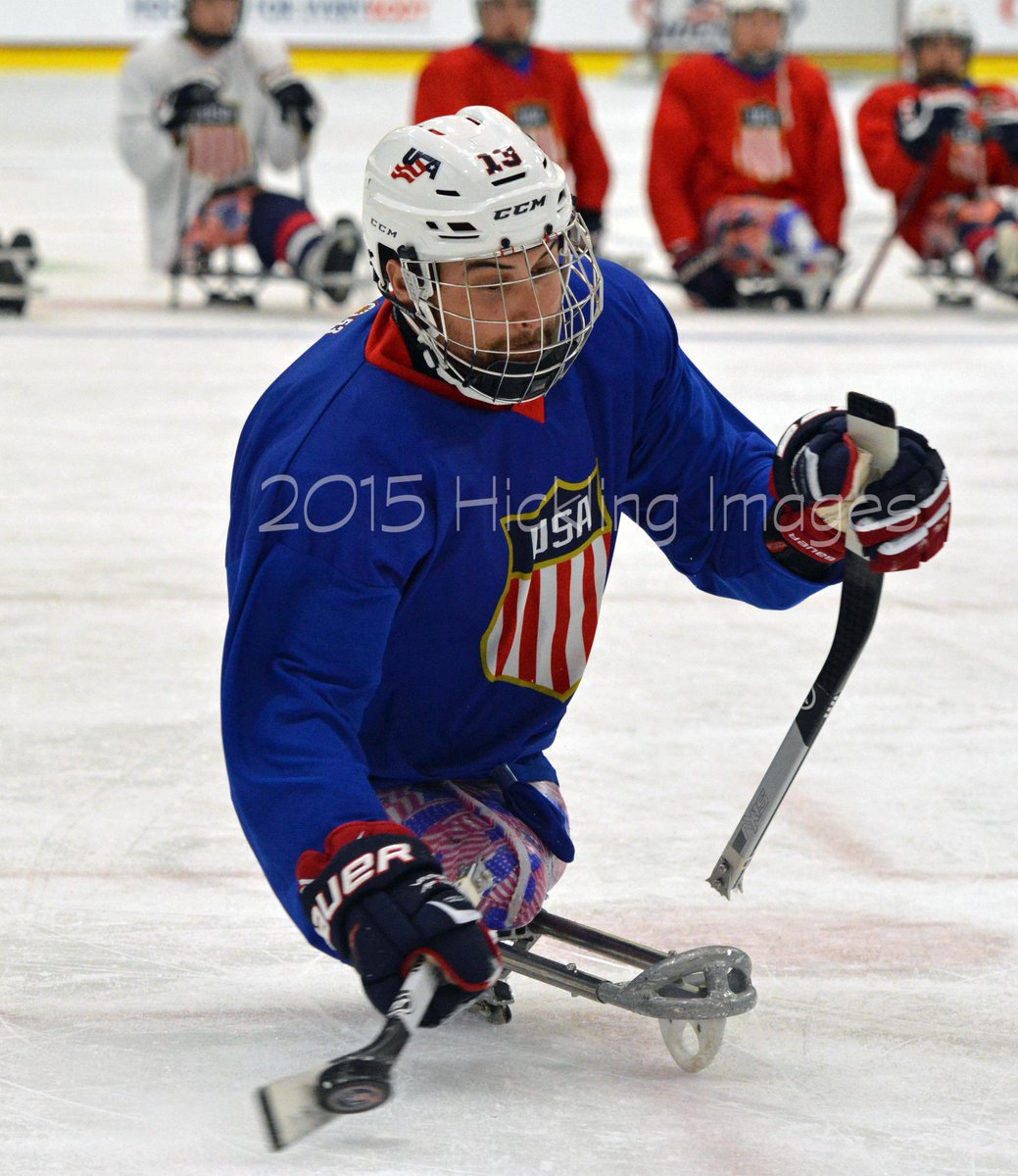 DanHickling's tweet photo. Team USA sled capt @SledSweeney13 snaps off a wrister in prax @IPCISH #Buffalo2015 @HARBORCTR @mhick1953 http://t.co/x5FpHxBpEJ