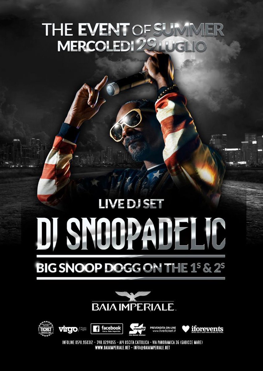 SnoopDogg's tweet photo. Italy catch me #DJSNOOPADELIC live @BaiaOfficial n gabicce mare July 29 ! S/o to my playaz @iforphin n tha Virgo boys http://t.co/ujhA2DRpEL