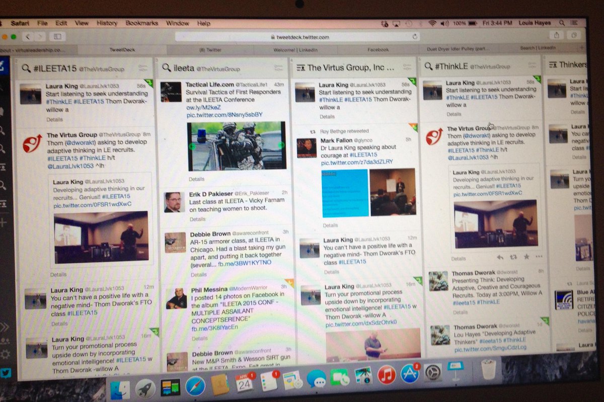 TheVirtusGroup's tweet photo. Keeping my finger on digital pulse of #ILEETA15. Yes, #TweetDeck!
#Twitter #SM ^lh http://t.co/HHy90T89tO