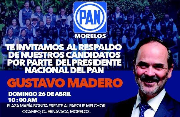 PAN_Cuernavaca's tweet photo. Este Domingo en Plaza María Bonita a las 10:00am nos acompañará el Presidente Nacional del PAN, #GustavoMadero http://t.co/psCTOAdJSI