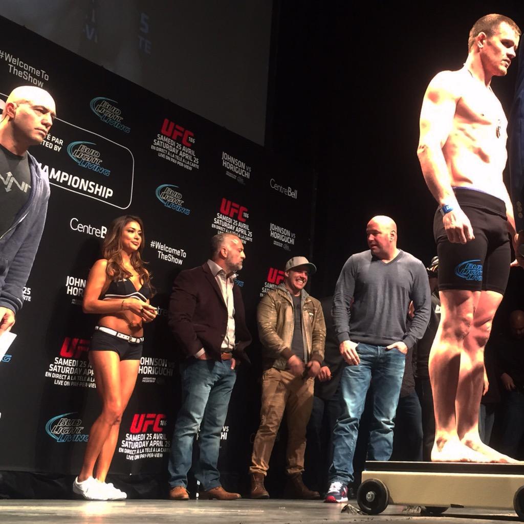 ufc's tweet photo. .@TommyWalkup, the #BudLightLiving Champ, on stage at the #UFC186 weigh-ins. #DontGetPushedOffStage http://t.co/WarCb24azl