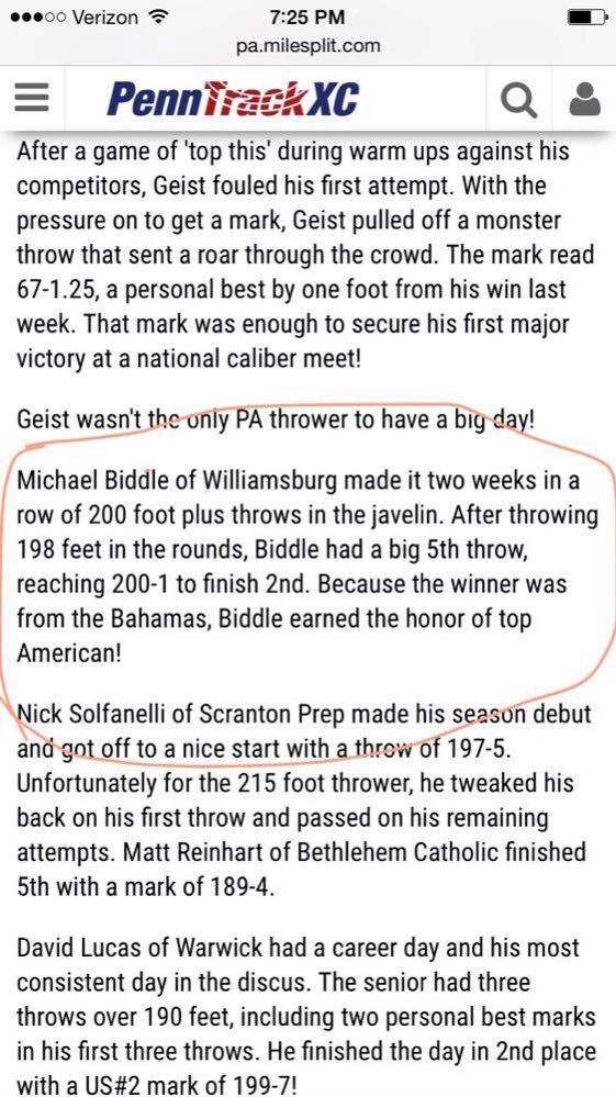 Coach_JBecker's tweet photo. @PCmor7 @AltoonaMirrorPA @jacobkaucher @Cawley_WTAJ Williamsburg's @Little_Biddle11 at the Penn Relays #topamerican http://t.co/BdnjCkbJ1D