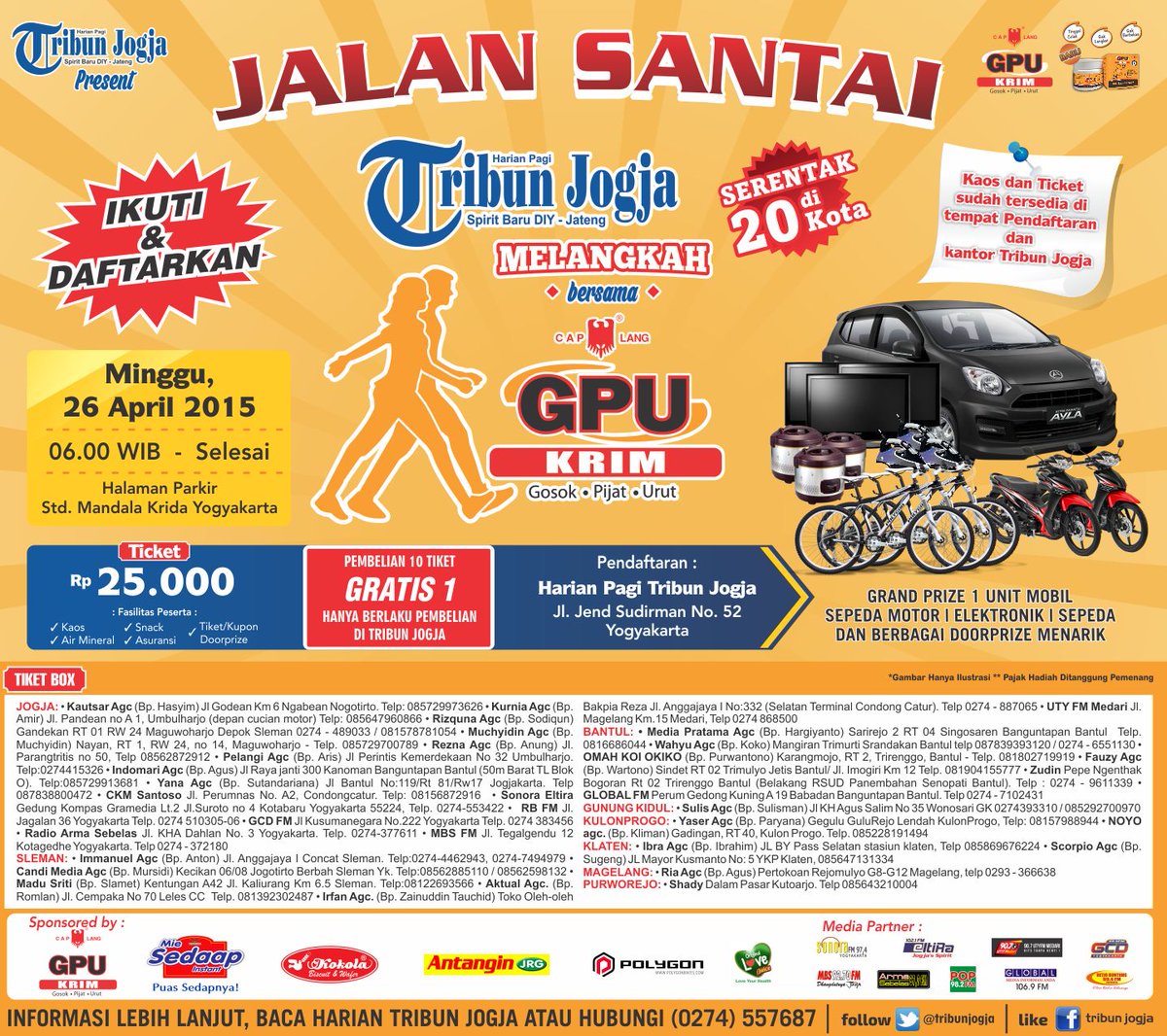 <a href="/KP_Mendunia/">Seputar Kulonprogo</a> 26/04/15 Jalan Santai dan Senam Sehat <a href="/tribunjogja/">Tribun Jogja</a> di Mandalakrida HTM 25Rb Info (0274) 557-687