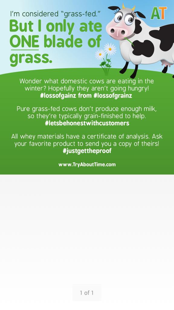 _TryAboutTime's tweet photo. What's the difference between grass fed and grain fed whey. In the United States -- not much. #gettheproof #natural http://t.co/iN9b57LXhk