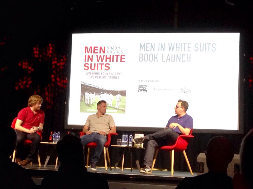 reach_sport's tweet photo. Well done @Simon_Hughes__ on your third book! Great launch with @waterstonesl1 @Carra23 #MeninWhiteSuits http://t.co/7Eg1LRH5Y9
