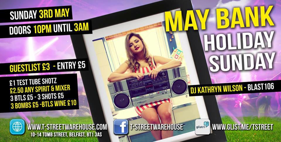 T_StWarehouse's tweet photo. Bank holiday SUNDAY join blast 106's @KathrynBWilson from 10pm- 3am drinks from only £1 all night long !!!! http://t.co/xkVN5ZOQOz
