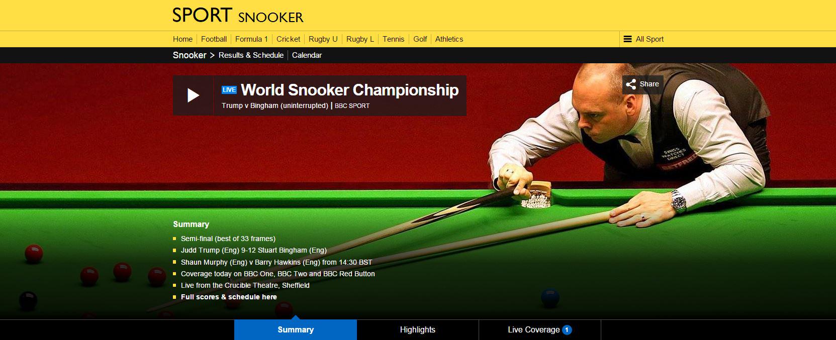 BBC Sport auf X „Watch Judd Trump v Stuart Bingham in the World Snooker semi-final http//t.co/rpiJt9mYzA 