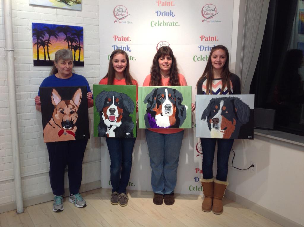 parchedpainter's tweet photo. Just a few of tonight's Paint Your Pet Paintings! #pet #paintnight #PaintParty #canvas #Boston #art #girlsnightout http://t.co/qKQ0VjqXXA
