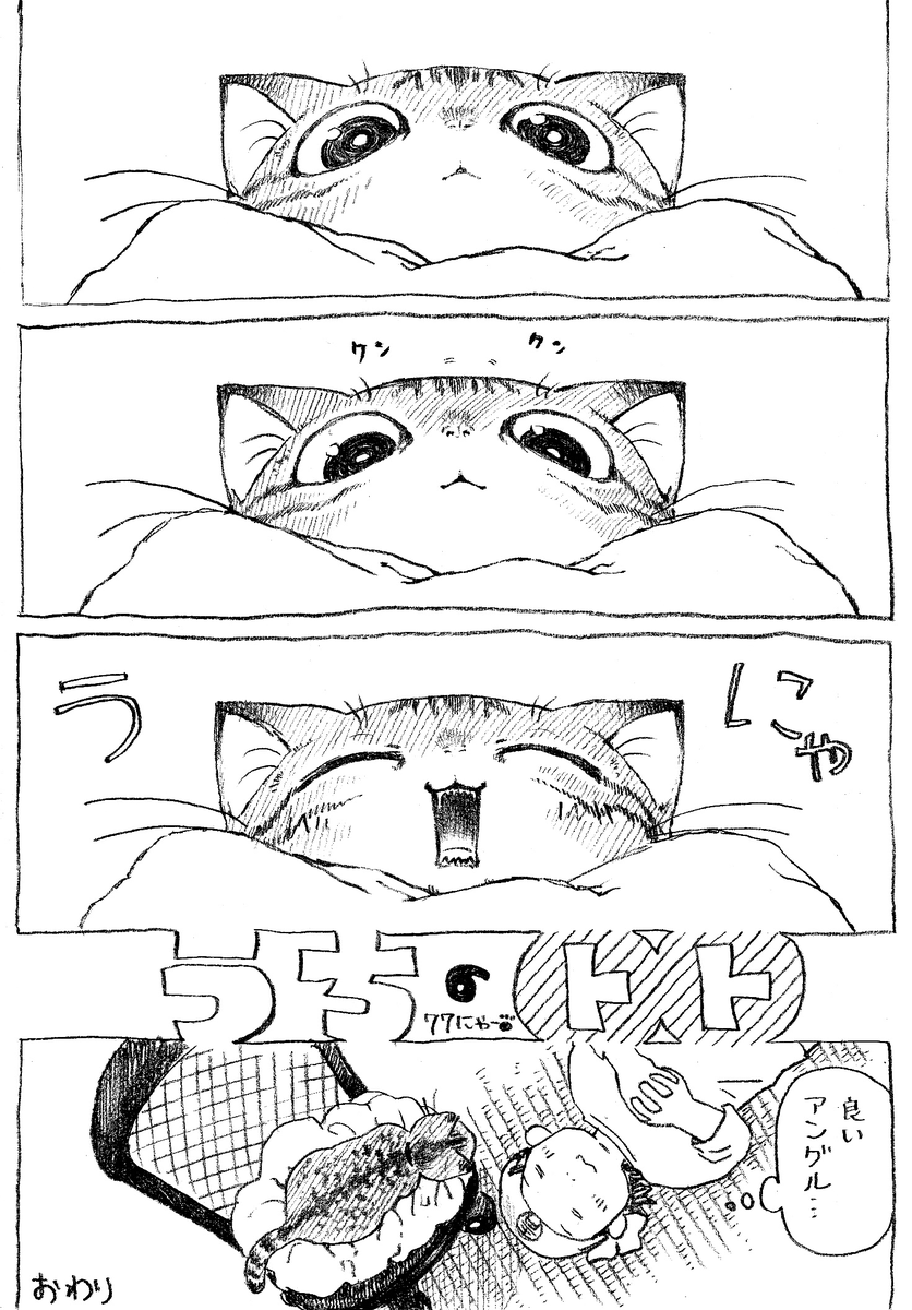 ねこまんが。第77話。長らくご無沙汰しておりました…。ご心配してくれた方、ねこまんがを楽しみに待ってくれていた方申し訳ないです。描きあがり次第今月分をUPして行きますのでよかったら読んでやって、ください!返信遅れとります、へこへこ.. 