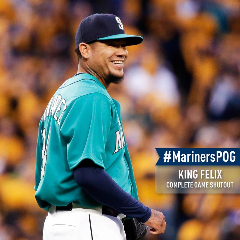 Mariners's tweet photo. Five hits, nine strikeouts and no runs over nine innings. Yeah, @RealKingFelix is your #MarinersPOG. http://t.co/7evG3djWK1