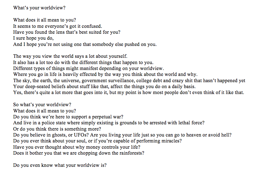 ktbbabyy's tweet photo. "@3rdEyeMindFLow: What's Your Worldview?
#poetry
#EvolutionaryMindFLow http://t.co/0fR1DRMKsm"