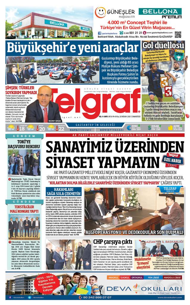 Telgraf'ta Bugün / 25.04.2015
telgraf.net Gaziantep'in Geleceği