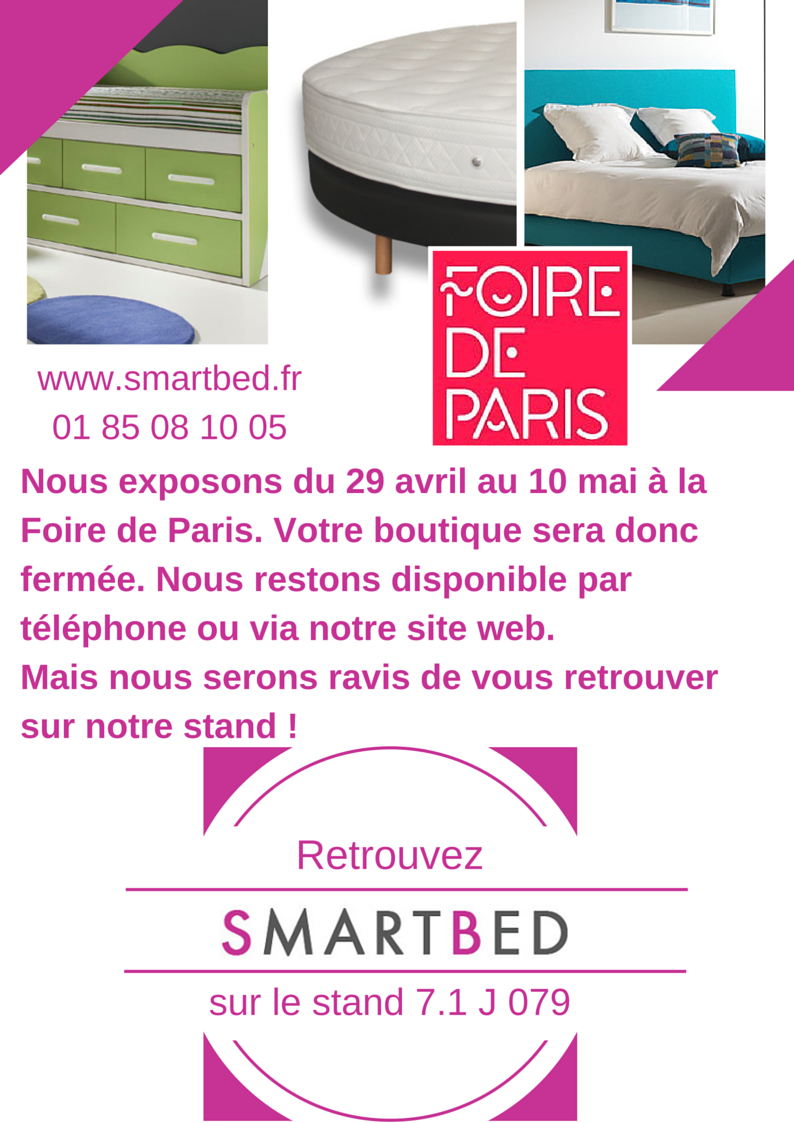 Smart_Bed's tweet photo. #FYI Nous exposons du 29 avril au 10 mai @foiredeparis . Votre boutique sera donc fermée. Merci chers dormeurs ! http://t.co/qZ0w0BmPEn