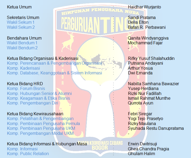 Hierarki Kepengurusan HIPMI PT Bogor 2015/2016 ( <a href="/hipmiptupi/">HIPMI PT UPI</a> <a href="/HIPMI_UI/">HIPMI UI</a> <a href="/haidharwurjanto/">Haidhar Wurjanto</a> <a href="/nsbwz/">:)</a> <a href="/haidharwurjanto/">Haidhar Wurjanto</a> )