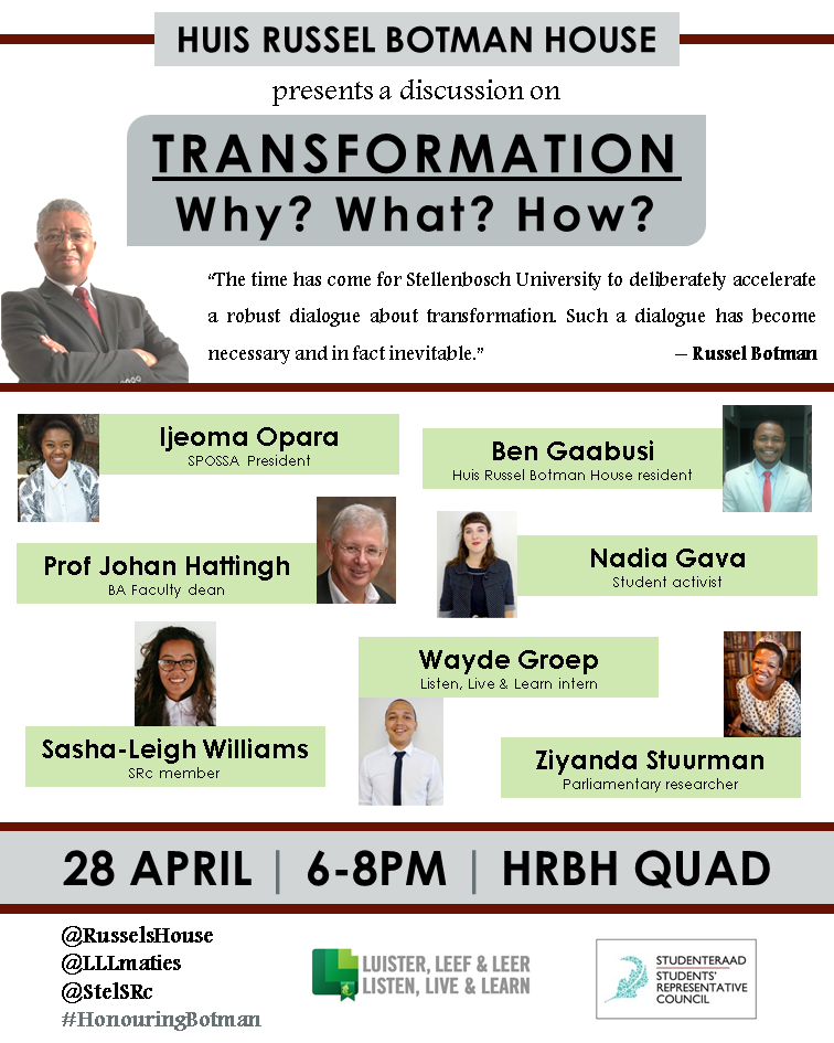 mosselkraker1's tweet photo. Via @LLLMaties: Panel discussion on Tuesday at @RusselsHouse. @BASK_SU @matiesstudents @OpenStellies #HonouringBotman http://t.co/dMxTNsK70y