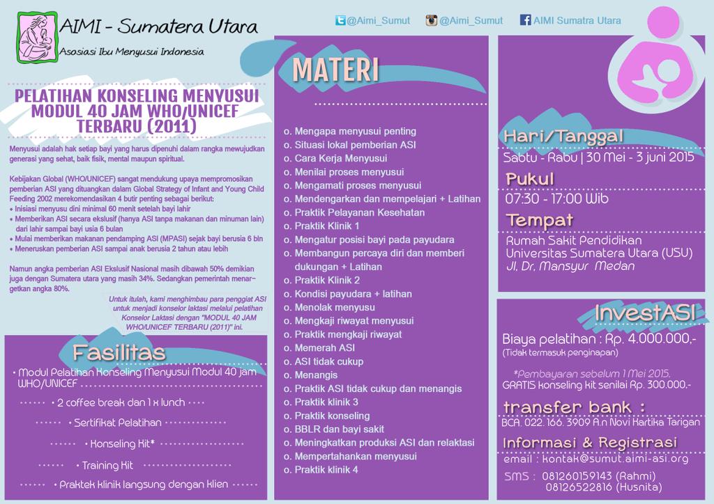 aimi_sumut's tweet photo. AIMI Sumut kembali mengadakan Pelatihan Konselor Menyusui 2015. Mari jd konselor utk bantu Ibu menyusui @tipsmenyusui http://t.co/siNJ8Kj2lW