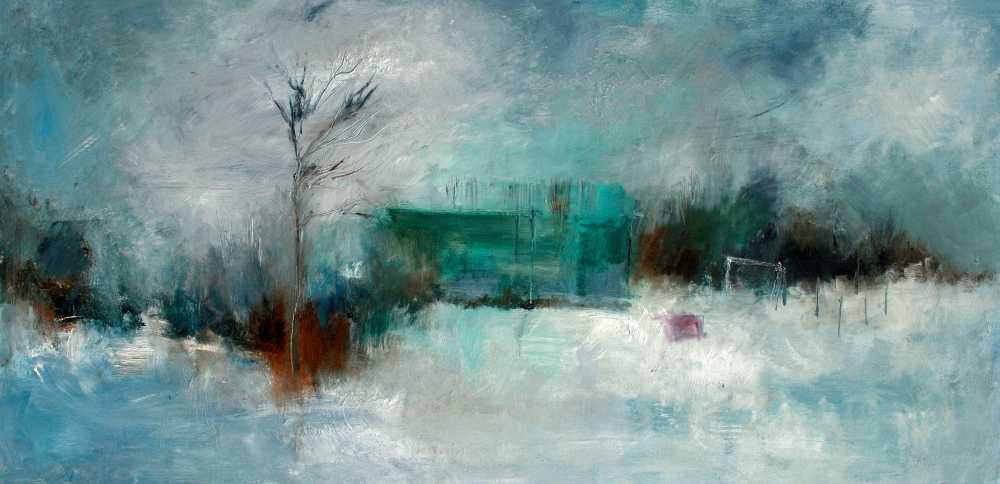 LpoolArtFair's tweet photo. 2nd #LAF15 countdown is this evocative painting by Elaine Preece Stanley, "Melancholic Snow Landscape with Container" http://t.co/w5cjkdoLZm