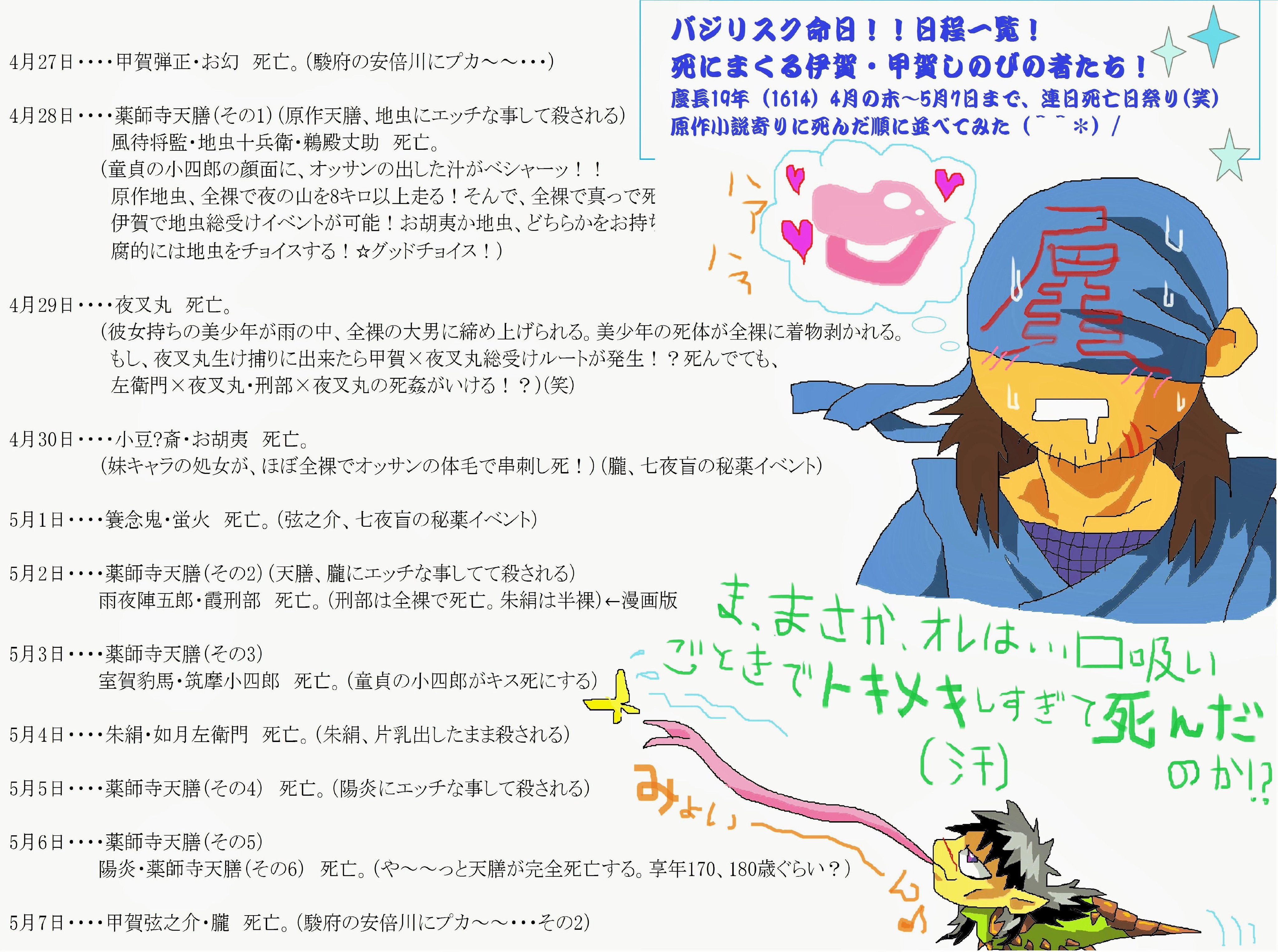 衛典言 On Twitter バジリスク もうすぐ バジリスク命日群が始まります 笑 口 需要も供給もなかろうに 主要キャラ総勢20人の死亡日程表を作ってしまいました 私の本命カプは 失明バージョンの筑摩小四郎 如月左衛門 誘い受 です 痛 Http