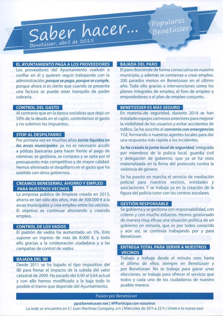 PPBenetusser's tweet photo. La hoja informativa de @PPBenetusser ya está en la calle. Comprueba los resultados #menosesmás #Benetússer http://t.co/eoVKC8n9dy