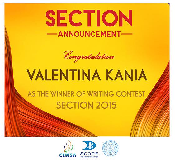 CONGRATULATION to Valentina Kania as the winner of writing contest SECTION 2015