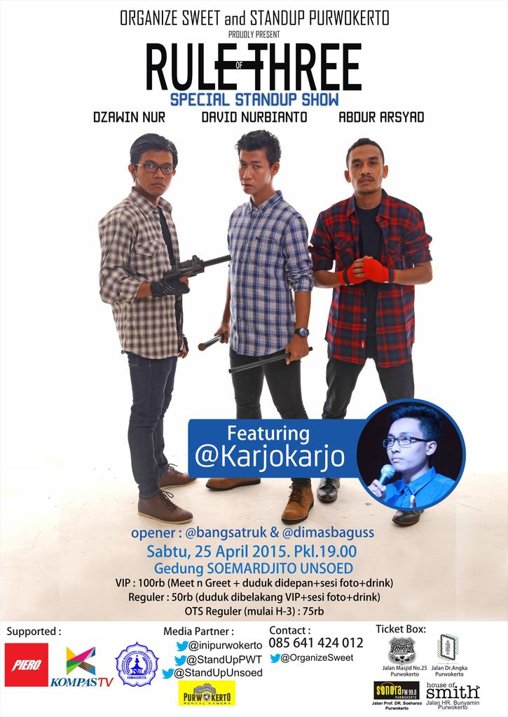 standupindo_pwt's tweet photo. #RuleOfThree @abdurarsyad @Dzawinur @davidnurbianto feat @Karjokarjo | MALAM INI!! | Jam 19.00 | di Gd. Soemardjito http://t.co/4FObTDDUOT