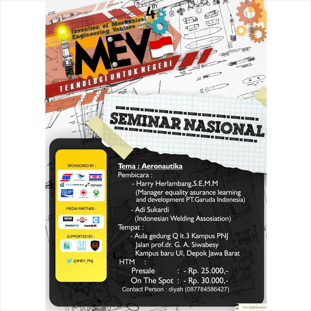 Jangan lupa untuk daftar Seminar Nasional <a href="/IMEV_PNJ/">IMEV 2017</a> yang kali ini mengusung tema 'Aeronautika'. Dont miss it bro sis!