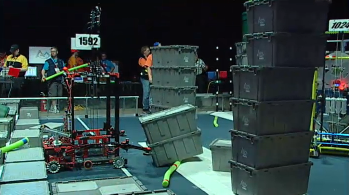 FRC1592's tweet photo. Semifinals Match 2 = 158 pts for #6 Alliance on Carver. 2 more matches! #FIRSTChamp #FRC66 @frc1024 @FRCteam4911 http://t.co/aWMQ3VfibO