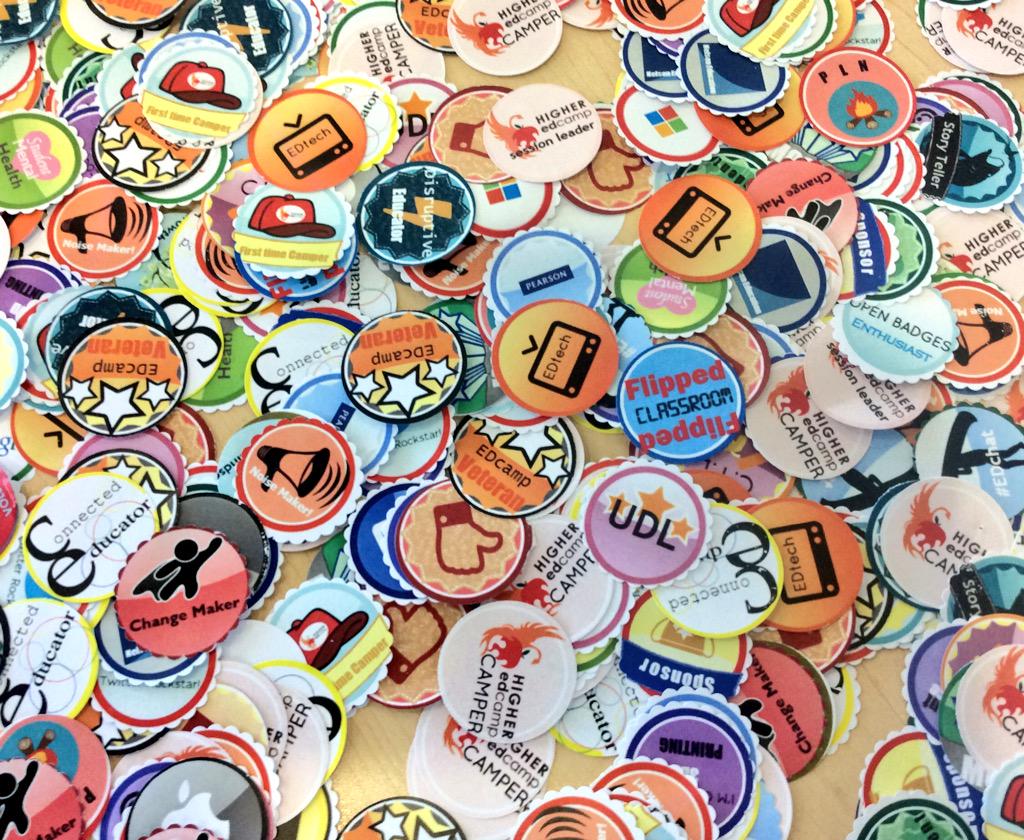 dawnbazely's tweet image. We are getting badges at #higheredcamp, designed &amp;amp; made by the talented @jenniferetate. @dinamoati got pinned!