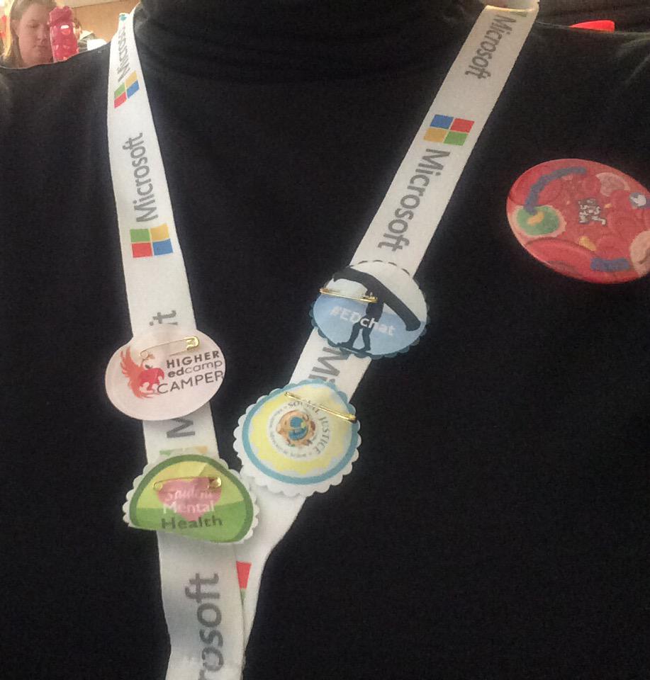 dawnbazely's tweet image. We are getting badges at #higheredcamp, designed &amp;amp; made by the talented @jenniferetate. @dinamoati got pinned!