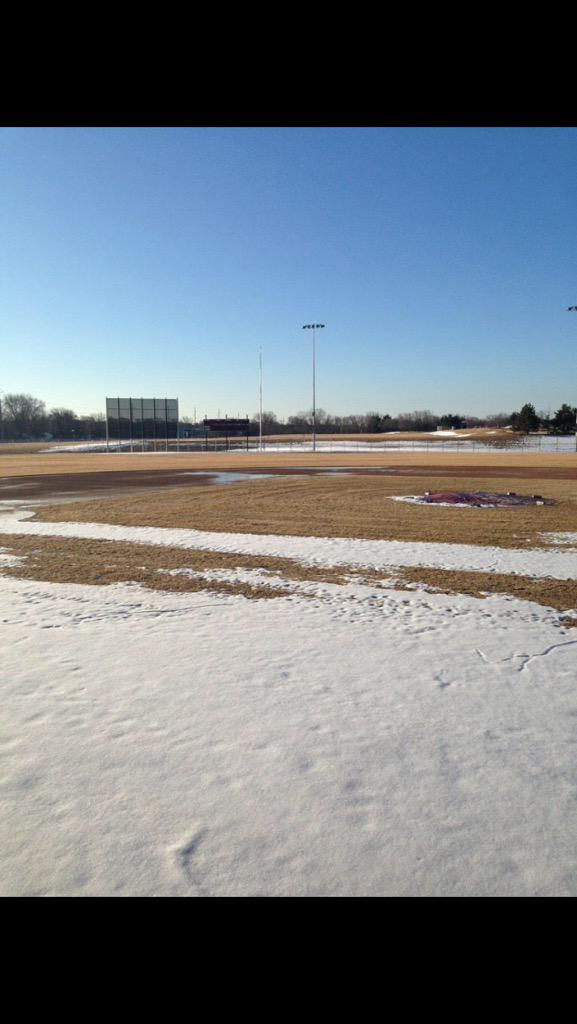 DenfeldBaseball's tweet photo. First pitch at noon o'clock. Hopefully the field will be cleared by then. #GrabTheShovels #Nados @AnokaBaseball http://t.co/anJkZk68Ep