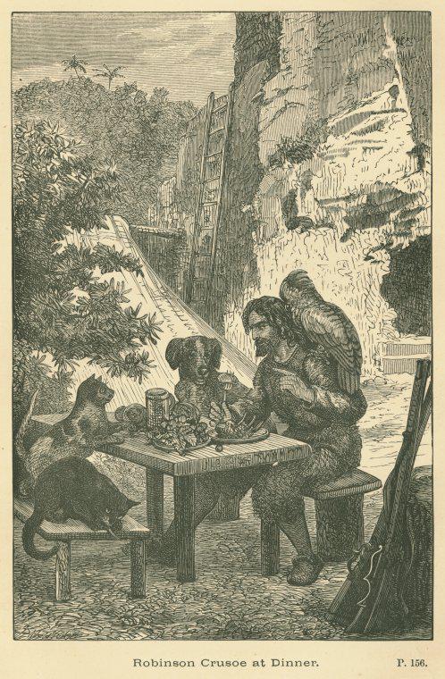 nypl's tweet photo. Robinson Crusoe dines with the animals. Defoe's novel was published 296 years ago today.  http://t.co/93NRsaMXZz http://t.co/Hx5jq5hEry