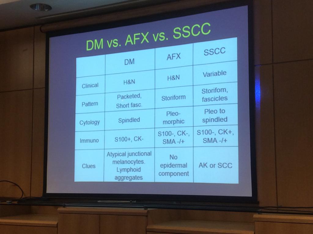 HassellLewis's tweet photo. DDX of spindle cells tumors sun-damaged skin head and neck Dr. Billings #OSAP15 Don't bother w/CD68,163,10! http://t.co/lClLlLxHaa