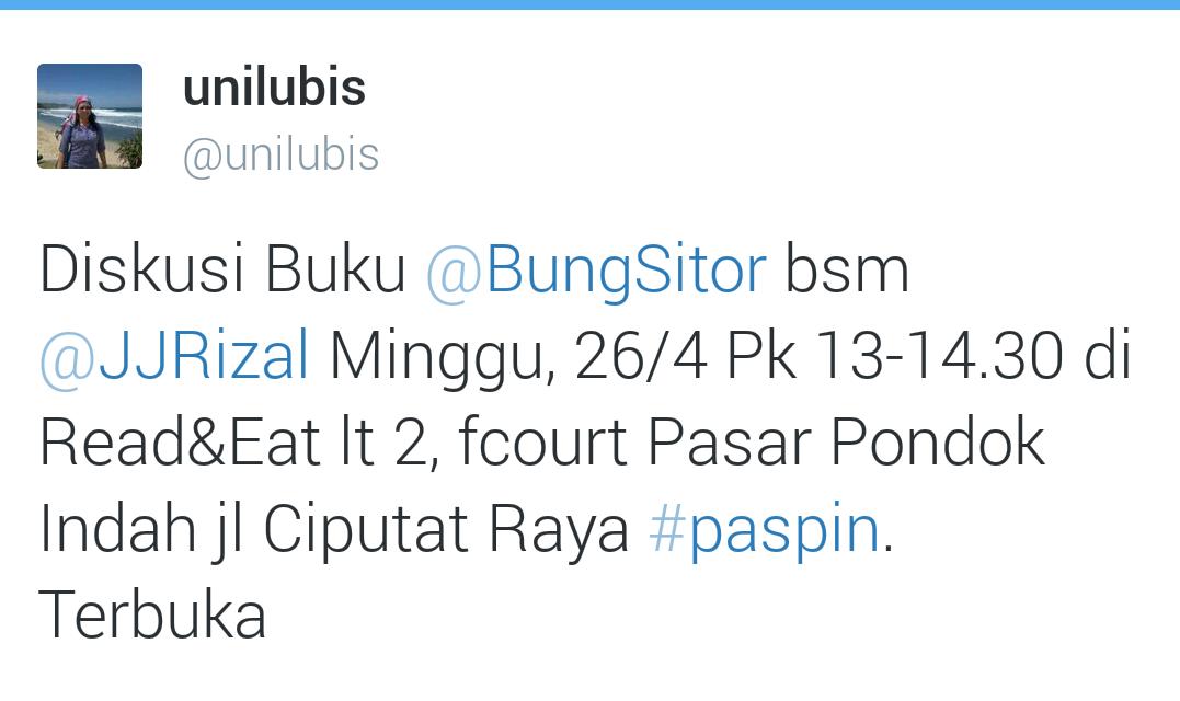 unilubis's tweet photo. #repost. Besok siang. Ada diskon menarik utk buku2 @KomunitasBambu yg ada di Read&amp;Eat #paspin http://t.co/LPv8ApXucU