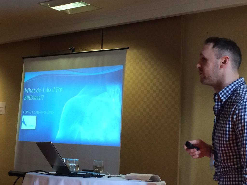 TheACPRC's tweet photo. .@CornellGareth telling us what we can do when we are BIRDless! #ACPRC2015 http://t.co/3Q0vMgxM37