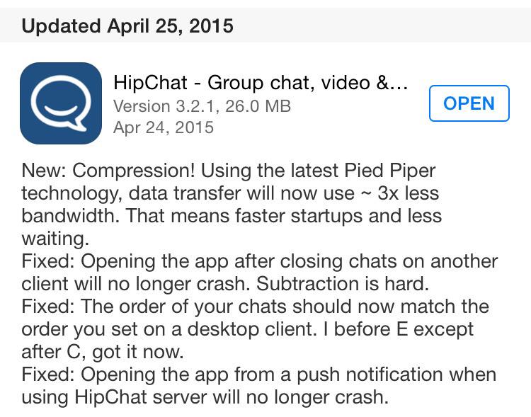 adamlouis365's tweet photo. @HipChat we love it when update notes have humor. Kudos. http://t.co/W5q1HkaYoE