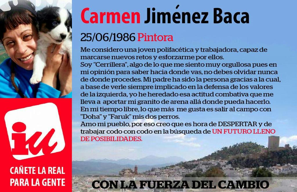 IUCanneteLaReal's tweet photo. Candidatos Izquierda Unida-Cañete la Real para la gente. 9- Carmen Jimenez Baca. #SiSePuede #El9 Continuará... http://t.co/rrzbDqJ6os