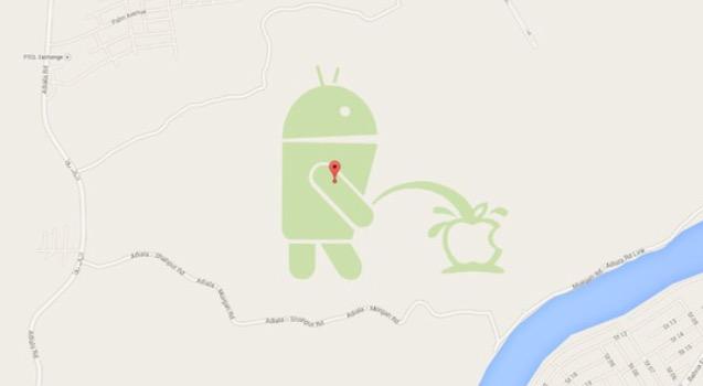 AllawziSalim's tweet image. Sick of all the #AppleWatch news?Check this image of an #AndroidBot,peeing on an Apple logo discovered on #GoogleMaps