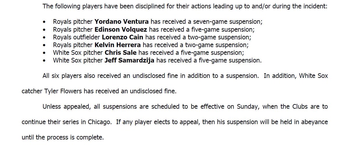 MLB_PR's tweet photo. Discipline announced for Royals-White Sox incident. http://t.co/kSbk2flo22