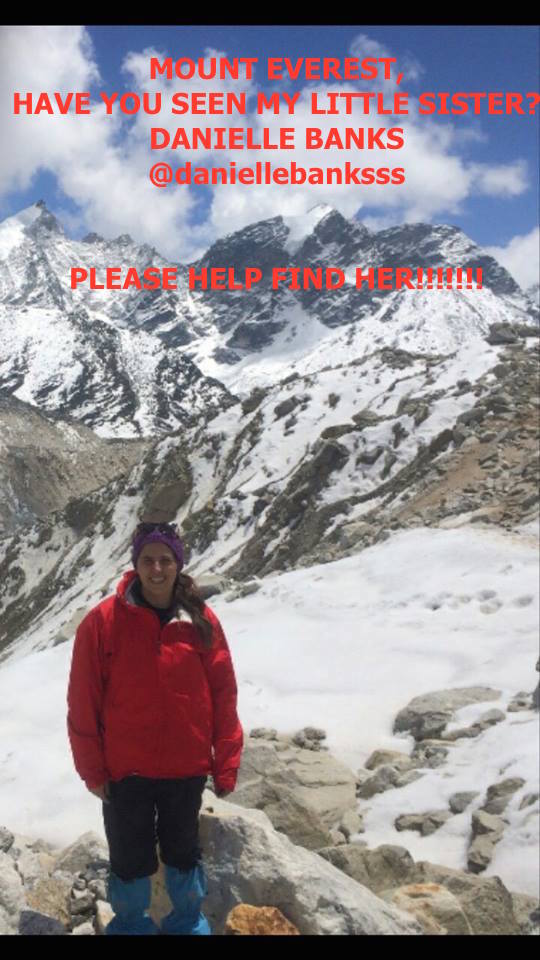 nataliebeley's tweet photo. @CF_vs_Everest Have you seen my sister? I am hoping to find someone with satellite messaging so I can know she is ok. http://t.co/sItzp40r5d
