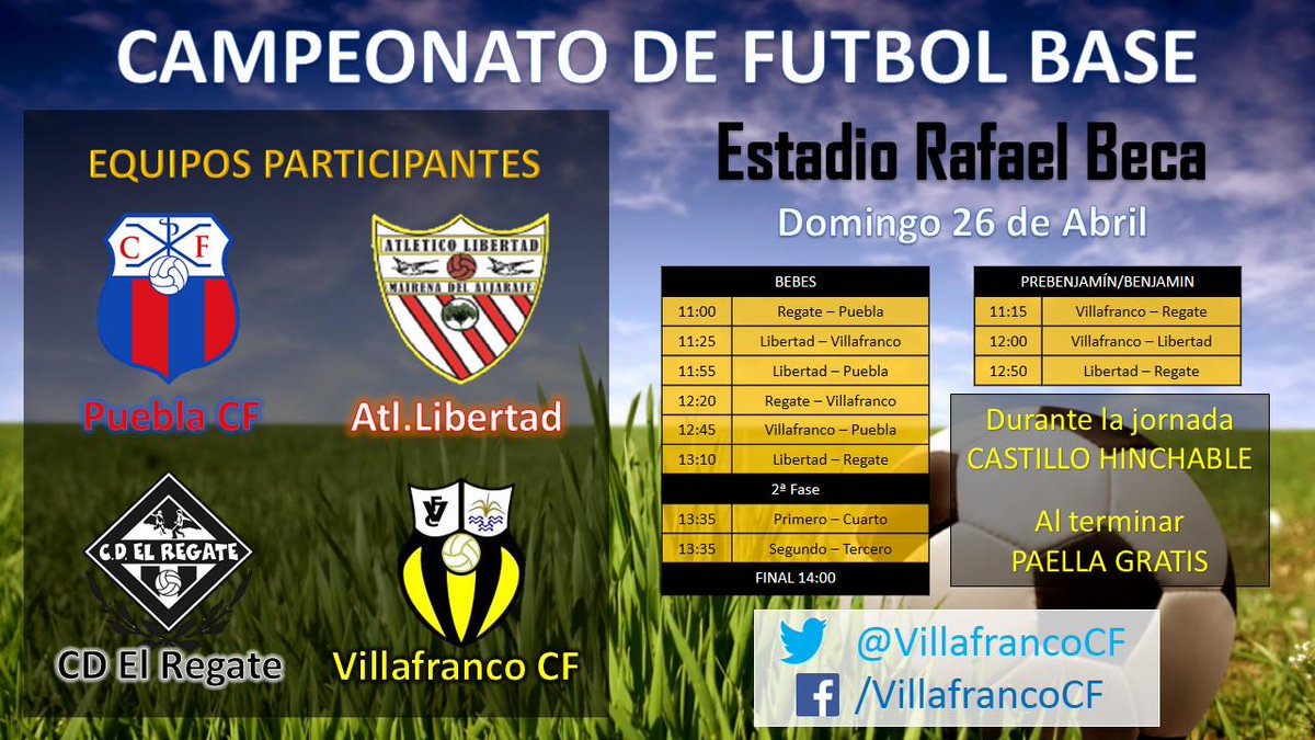 VILLAFRANCOCF's tweet photo. ¡Estáis tod@s invitad@s al CAMPEONATO DE FUTBOL BASE en #IslaMayor! Nos vemos mañana a las 11 en el Rafael Beca http://t.co/wSXv0dodi4