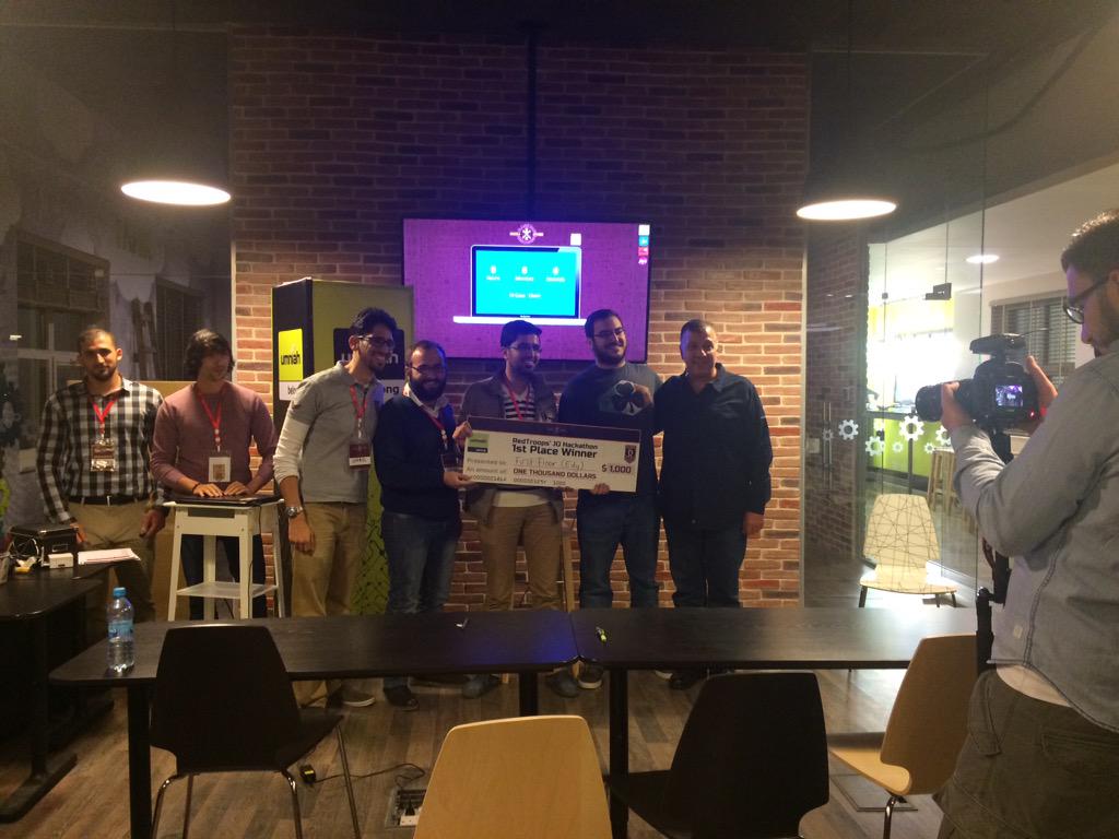 RedTroops's tweet photo. Congratulations for First Floor for winning the first place!! 1000$!!  #JOHack @Umniah http://t.co/Z2DGqhkEsI