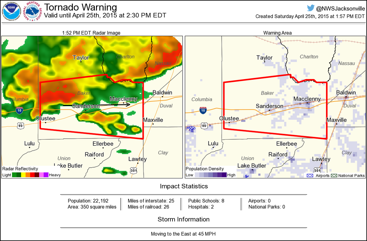 Tornado Warning including Macclenny FL, Olustee FL, Sanderson FL until