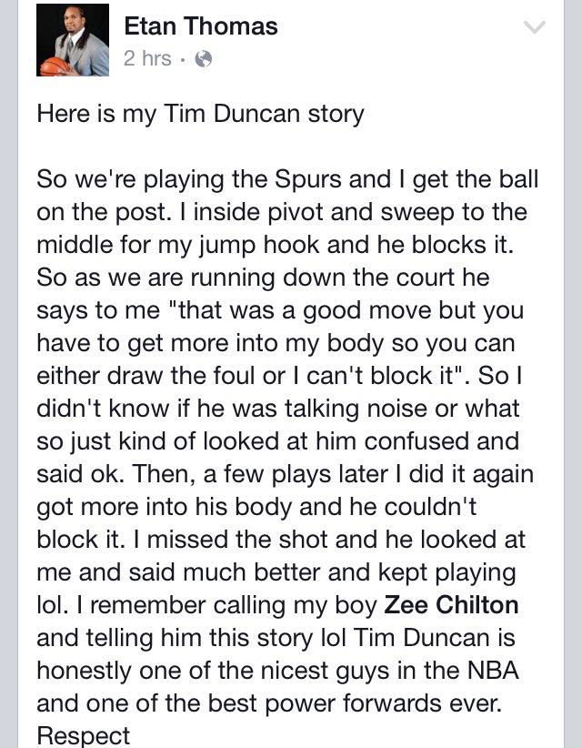   A great Tim Duncan story shared by one of Syracuse s finest, Etan Thomas:  happy birthday Tim Duncan
