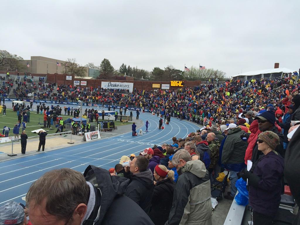 BulldogBam's tweet photo. Not a bad crowd for a track meet in 40 degree temps #drakerelays2015 http://t.co/v1GY85ThLG