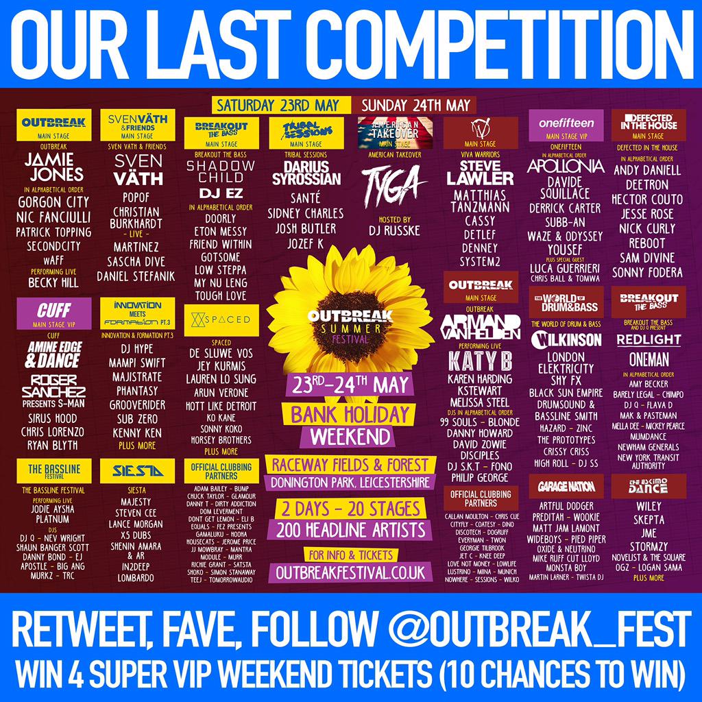 TheBasslineFest's tweet photo. OUR LAST COMPETITION!!! Win 4 super VIP weekend tickets - 10 chances to win!!! RETWEET, FAVE &amp; FOLLOW @Outbreak_Fest http://t.co/F2KtivGS1W