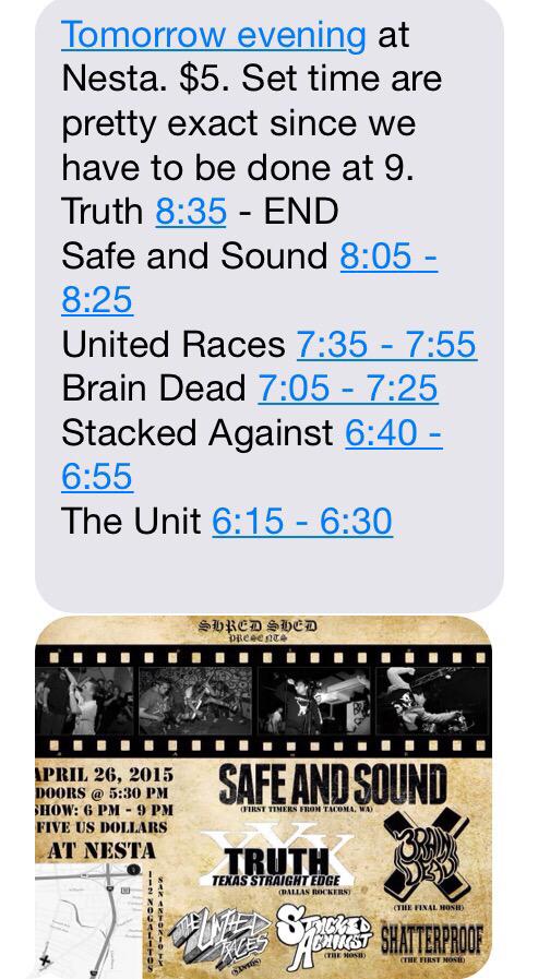 Tomorrow our boys <a href="/brainxdeadTX/">Brain Dead</a> are playing their last show with a bunch of great bands. Stacked lineup for 5 bucks.