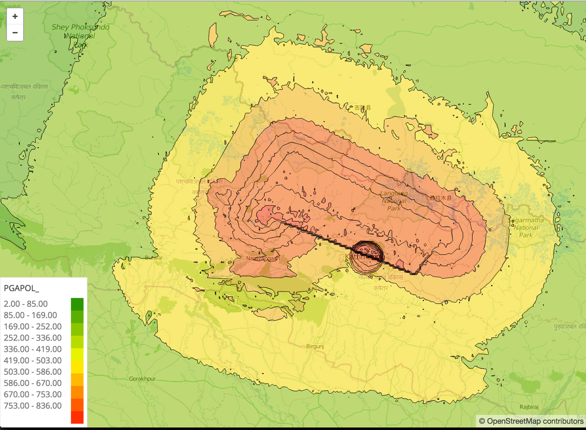 Nepal earthquake overlaid on OpenStreetMap; colored by peak ground acceleration