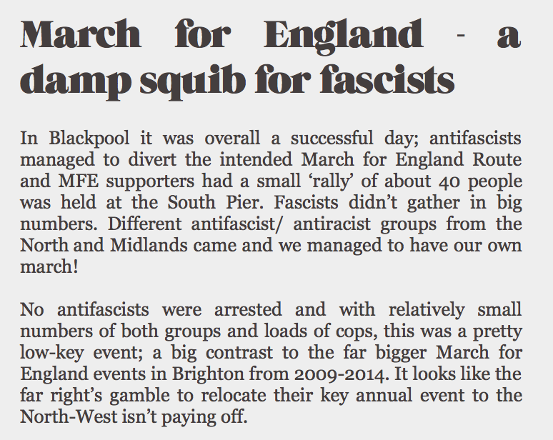 AntiFascistNetw's tweet photo. Brief write-up of #Blackpool today from @opposeMFE http://t.co/WMMMvhqNof