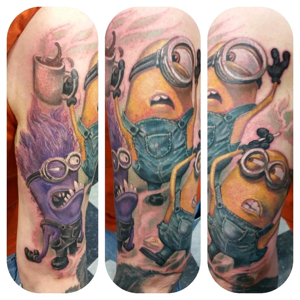 JasonAngst's tweet photo. The whole party. #tattoo #minions #color #cartoons #funtimes #neotat #sullen http://t.co/Gp6sNLibcy